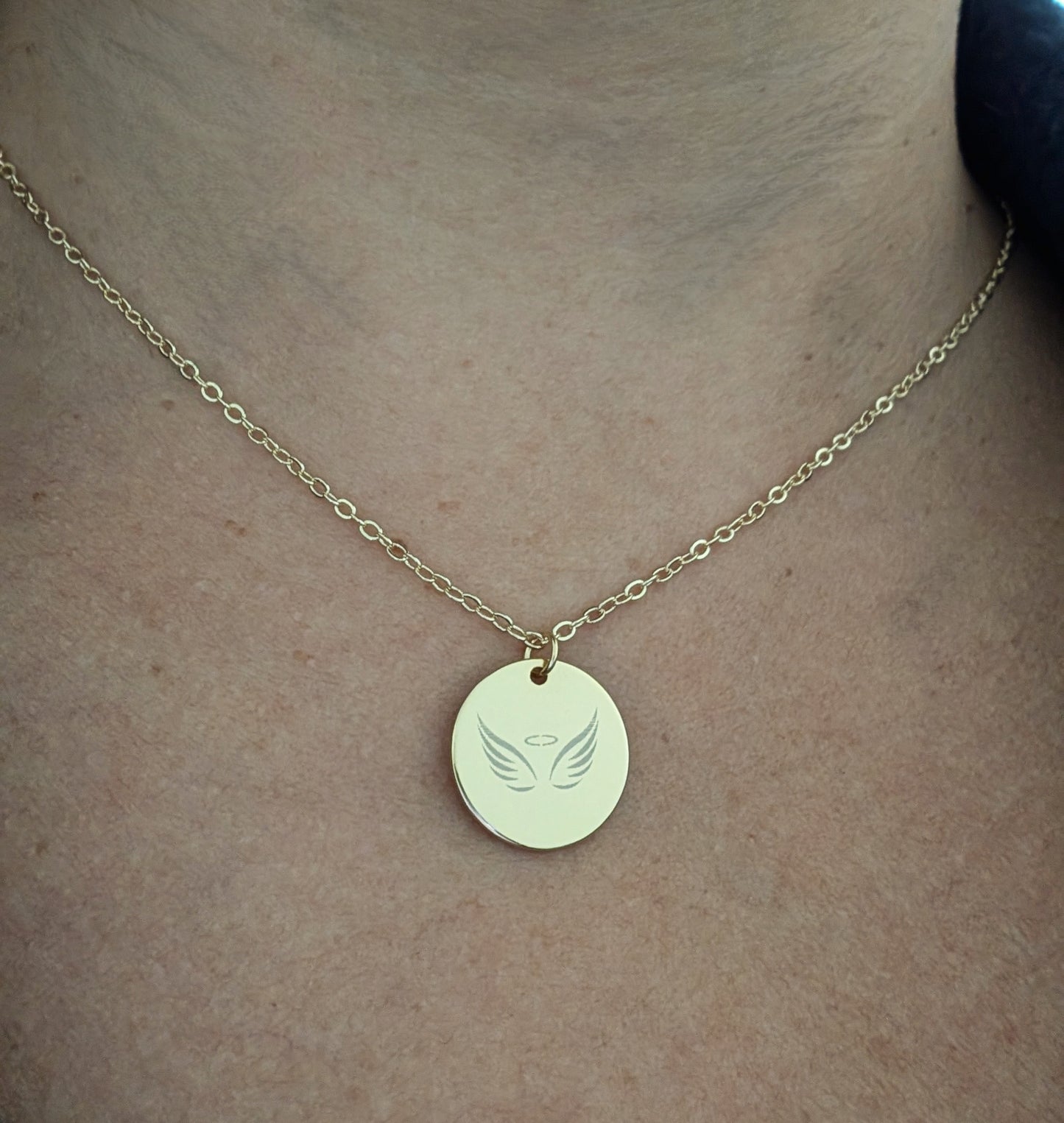Angel round pendant necklace. Customize and personalized gold and silver. Shipping available. Email e3custominfo@gmail.com with customization information for your order.