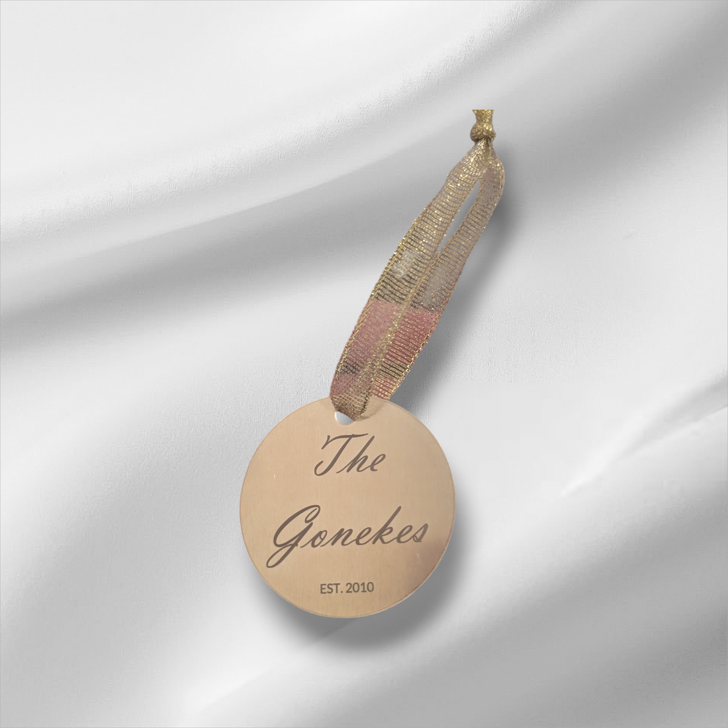 Rustic brass Christmas ornament. Custom and personalized. Pick a gold, silver, red or green ribbon. Shipping available. Email e3custominfo@gmail.com with customization information for your order.