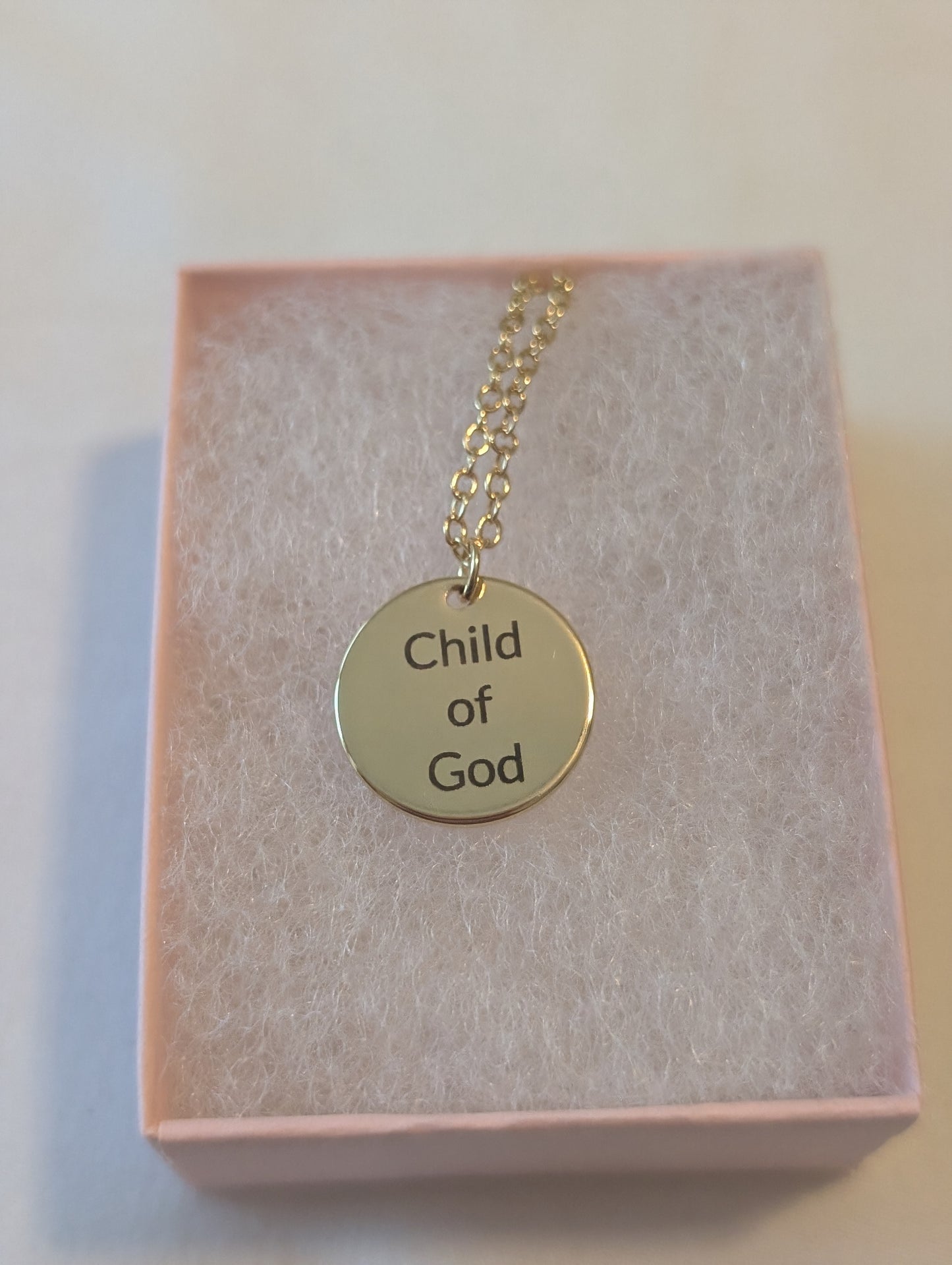 "Child of God" round pendant necklace. Custom personalized gold and silver. Shipping available. Email e3custominfo@gmail.com with customization information for your order.
