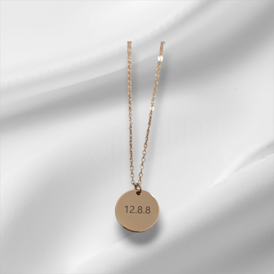 Date round pendant necklace. Custom personalized gold and silver. Shipping available. Email e3custominfo@gmail.com with customization information for your order.