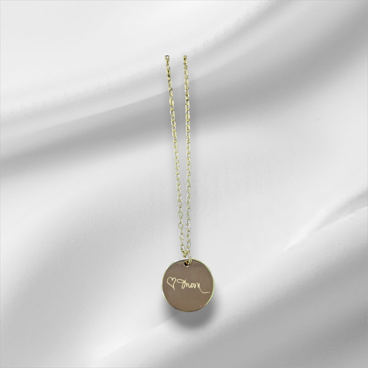 Handwriting round pendant necklace. Wear a custom personalized hand written message forever. Gold and silver. Shipping available. Email e3custominfo@gmail.com with customization information for your order.