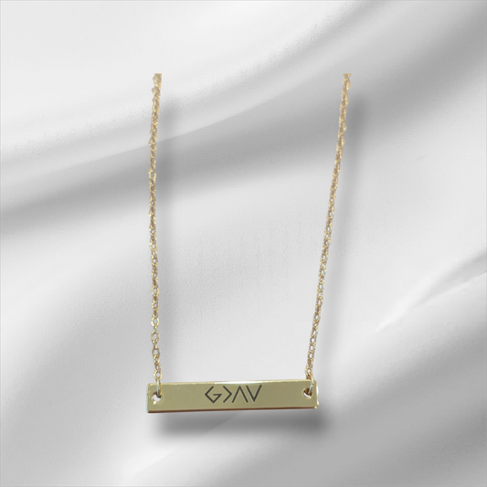 "God is greater than the highs and lows" bar necklace. Custom and peronalized gold and silver. Shipping available. Email e3custominfo@gmail.com with customization information for your order.