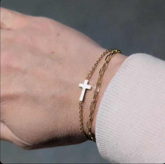 Layered cross bracelet. Custom and personalized. Bracelets can be worn together or separately. Gold and silver. Shipping available. Email e3custominfo@gmail.com with customization information for your order.