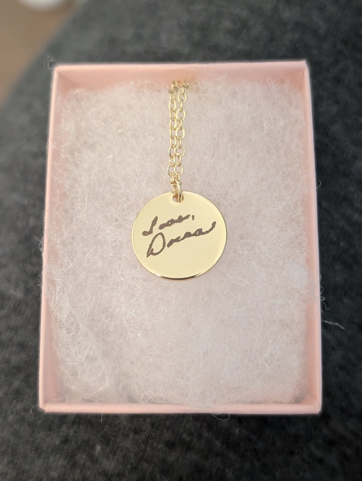 Handwriting round pendant necklace. Wear a custom personalized hand written message forever. Gold and silver. Shipping available. Email e3custominfo@gmail.com with customization information for your order.
